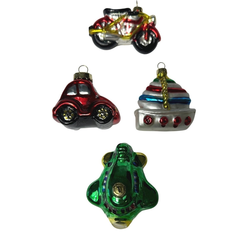 4 Glass Ornaments Motorcycle Car Sailboat Airplane Christmas Holiday Decor Set‎ - Picture 2 of 8